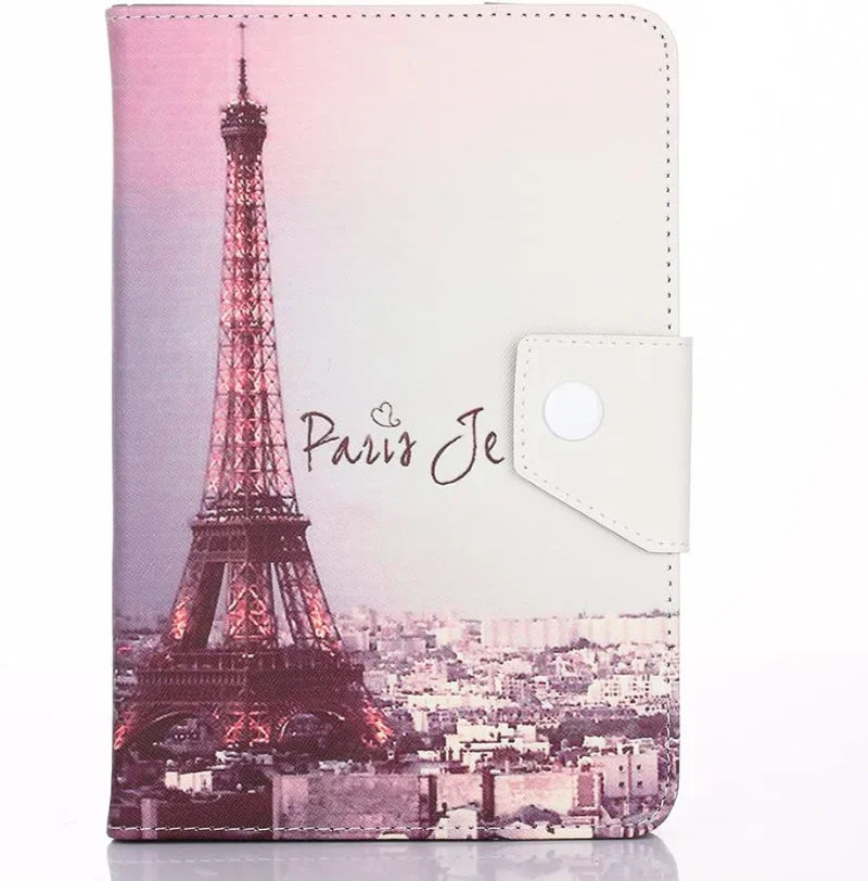 A pink and white leather folio case featuring a silhouette of the Eiffel Tower against a cityscape background.
