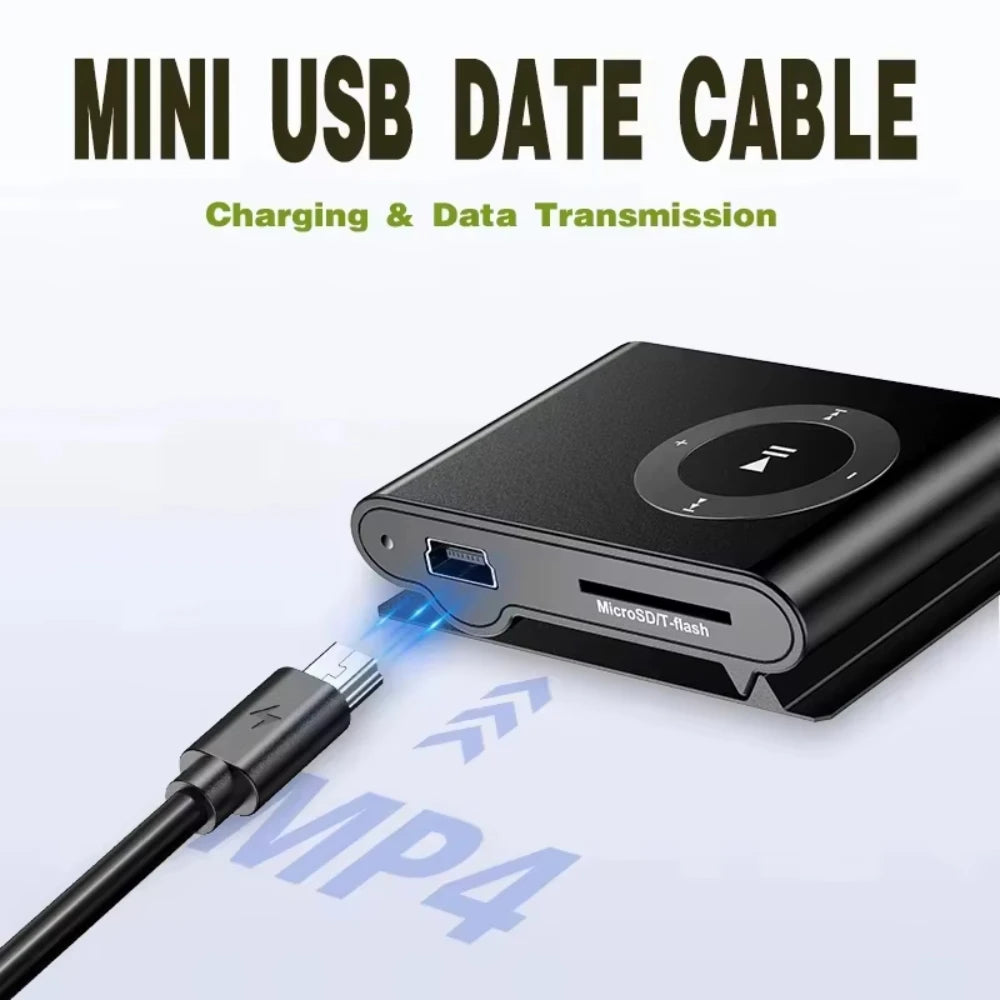 A black mini USB data cable is shown connecting a MicroSD flash drive to a device for charging and data transmission.