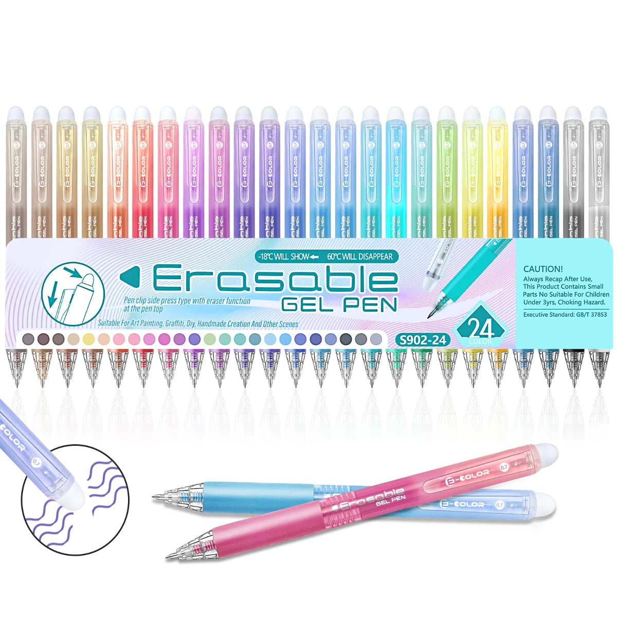 A collection of colorful erasable gel pens in various shades and colors displayed in a row.