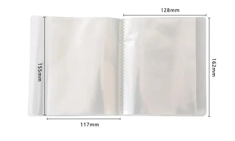 A white A6 photo storage booklet shown open, displaying its dimensions.