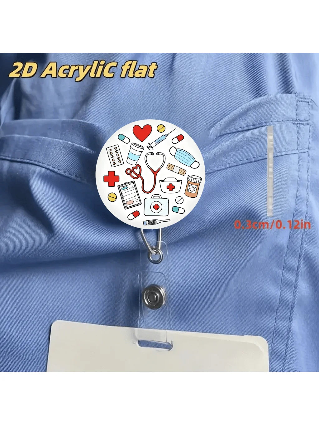 Runder Acryl-Namensschildhalter mit medizinischen Symbolen wie Herz, Stethoskop und Erste-Hilfe-Set