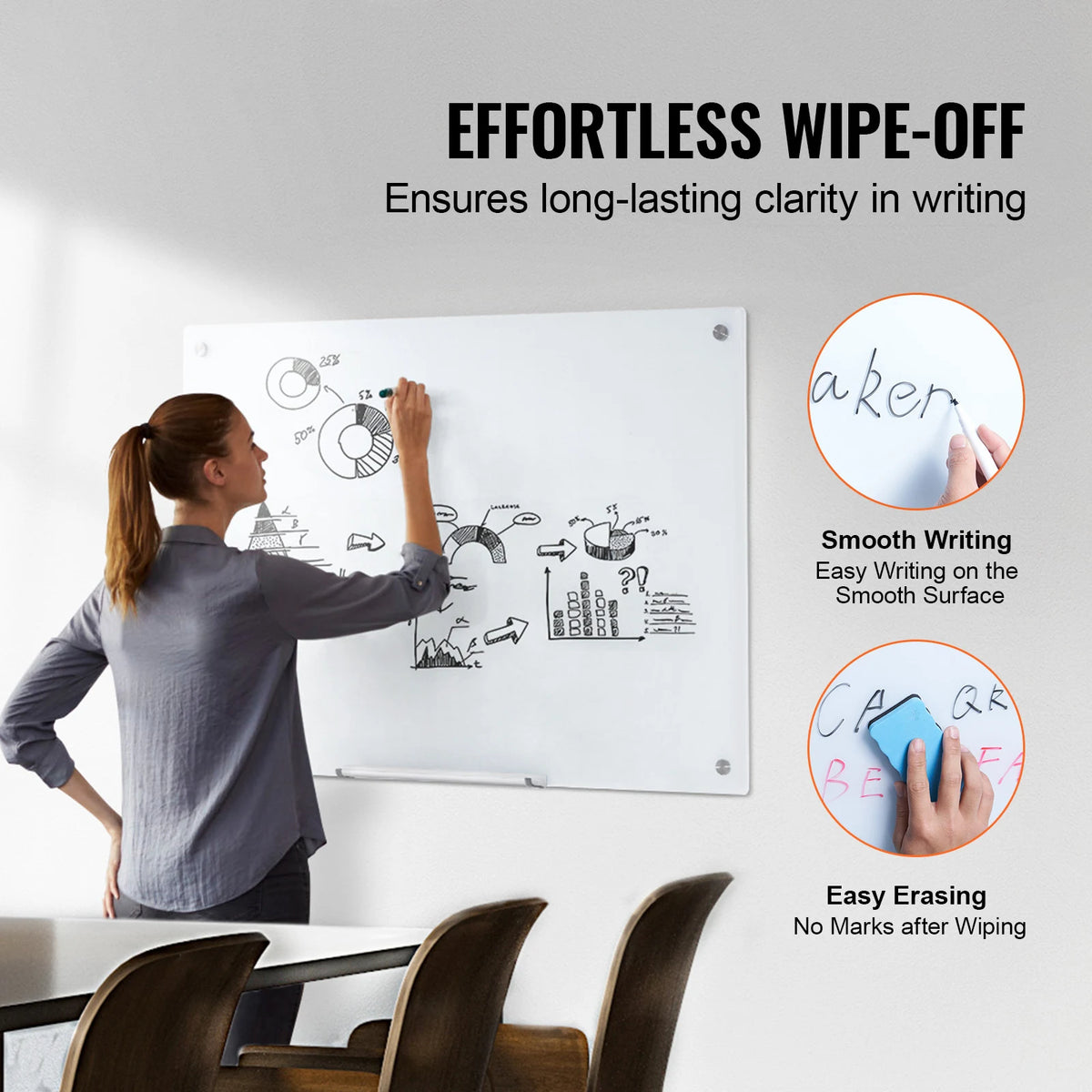 A person writes on a magnetic tempered glass whiteboard demonstrating effortless wipe-off clarity.