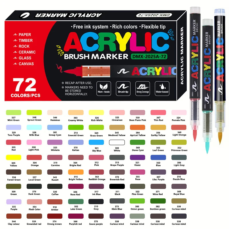 A set of 72 multi-color acrylic brush markers with various colors and tips displayed in a box.