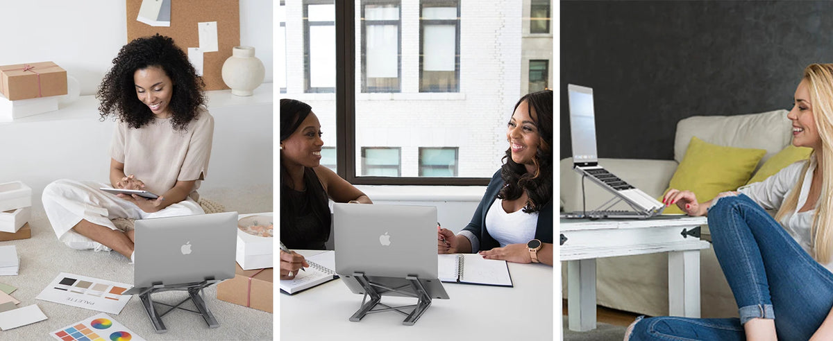 A woman is using a USB-C docking station with an adjustable laptop stand on a white desk.