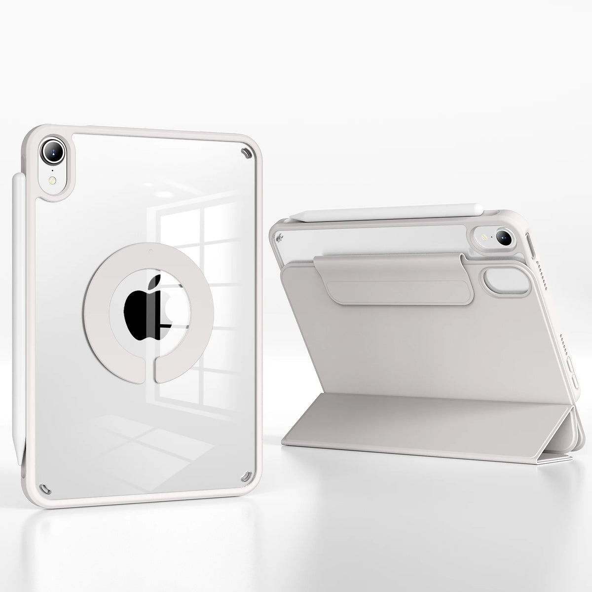 A white magnetic rotating protective case for an Apple iPad is shown in a studio setting.