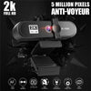 Schwarze 2K Full HD Anti-Voyeur Webcam mit Autofokus und eingebautem Mikrofon vor dunklem Hintergrund.
