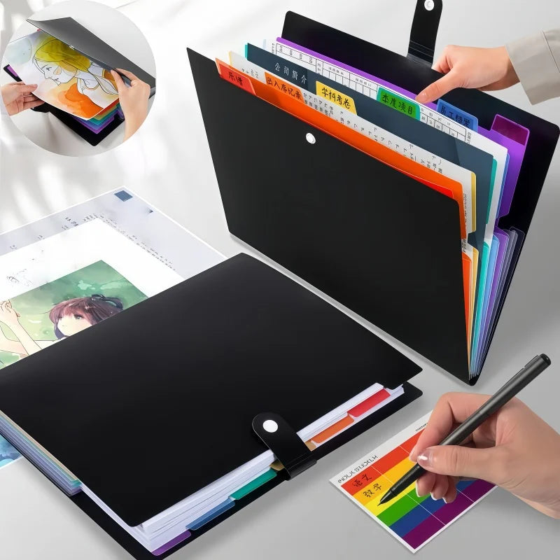 A black document organizer bag filled with colorful folders and papers, shown alongside a notebook and a pen.