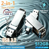 A silver metal USB 3.2 flash drive is shown next to its connector, highlighting high-speed data transfer capability.