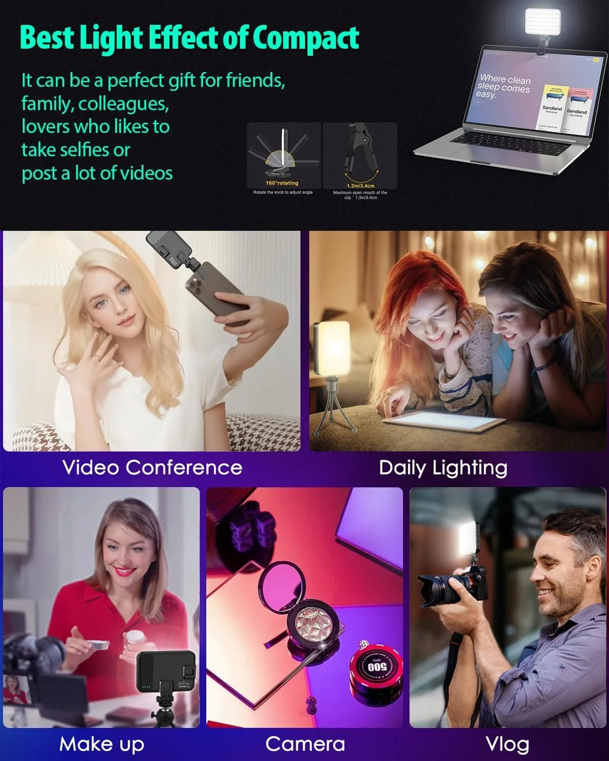 A collection of products including a portable clip-on LED light, a camera, and various beauty and video equipment.