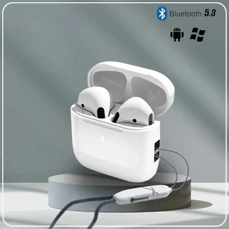 A white charging case for True Buds 5 Bluetooth 5.3 wireless earphones with two earbuds inside.