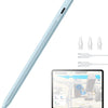 A light blue precision stylus pen with a connector tip is shown next to an Apple iPad.