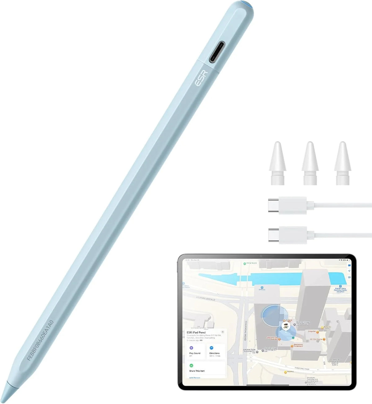 A light blue precision stylus pen with a connector tip is shown next to an Apple iPad.