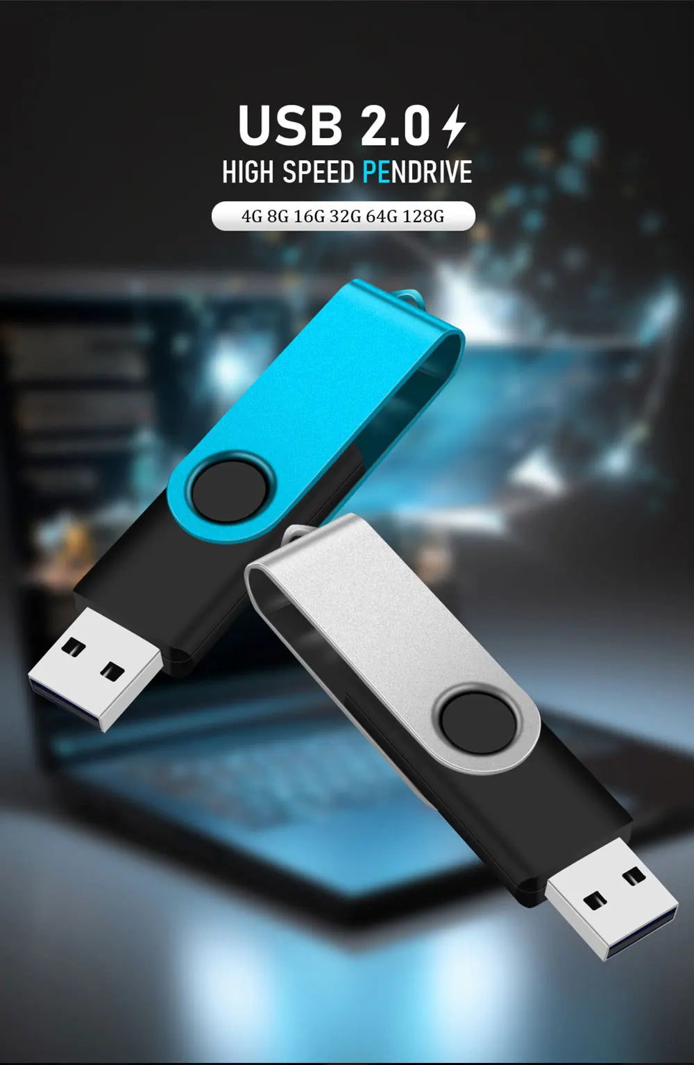 A blue USB 2.0 high-speed pendrive is shown connected to a laptop port.