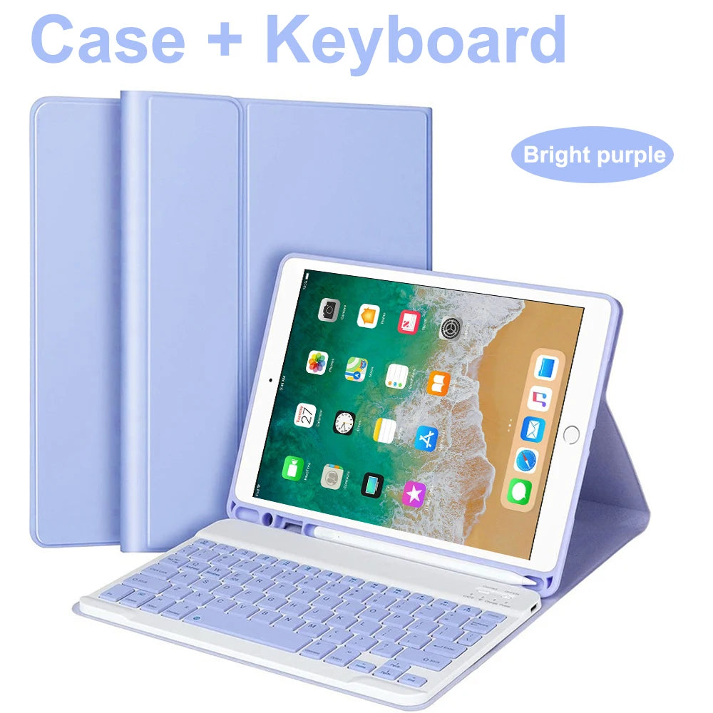 A purple Bluetooth keyboard case for an iPad, showing the case and a separate keyboard.