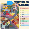 An interactive alphabet wall chart showing various fruits and vegetables for preschool learning.