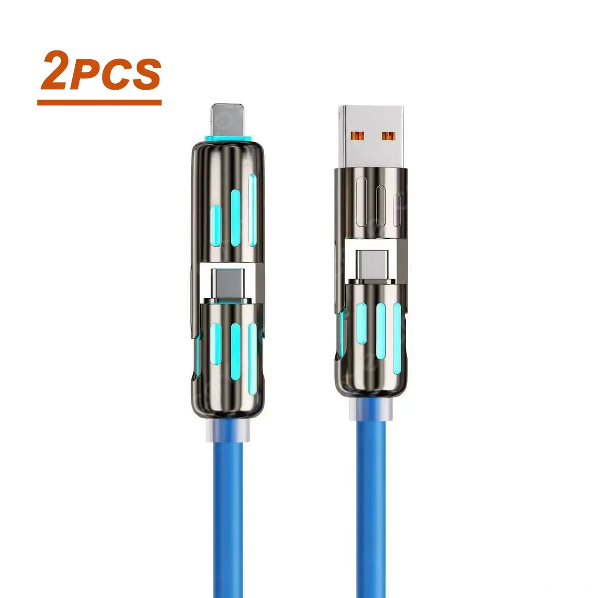 Zwei Multifunktions-USB-C-Kabel mit Metallsteckern und blauen Kabel nebeneinander