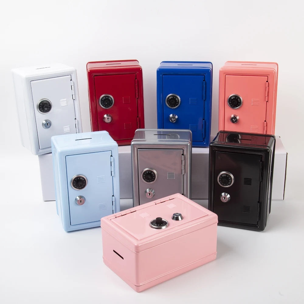 A collection of colorful compact home safe boxes with combo locks arranged in a row.