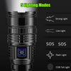 A black tactical LED flashlight showing five lighting modes including strong, low, SOS, flash, and COB tail light settings.