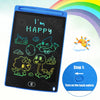 A blue LCD writing tablet for kids displaying a happy face and various dinosaur and creature drawings.