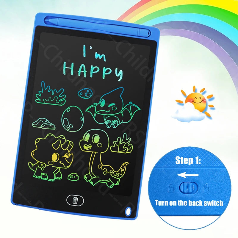 A blue LCD writing tablet for kids displaying a happy face and various dinosaur and creature drawings.