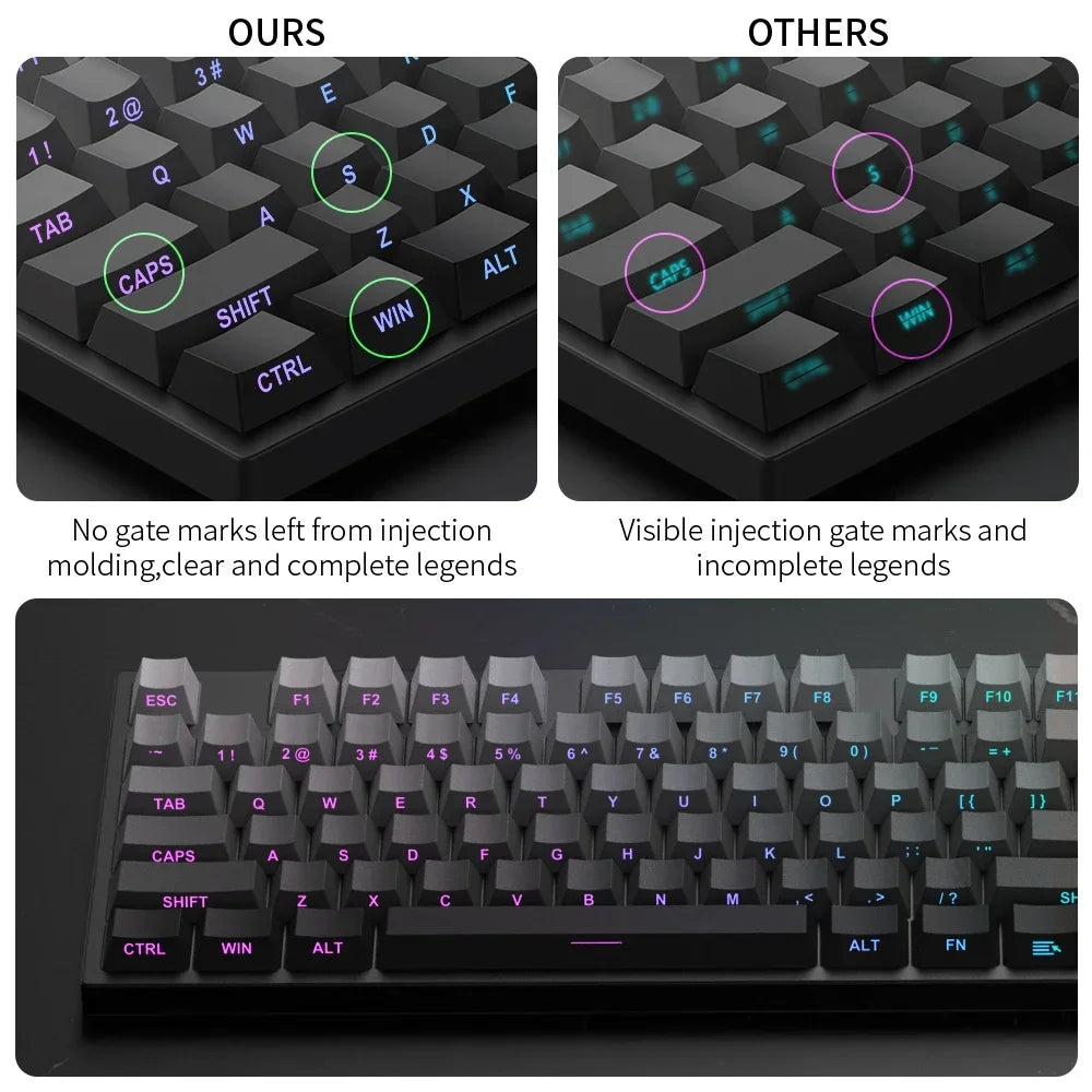 مقارنة مفاتيح (keycaps) تدرج PBT بين منتجاتنا وغيرها، تظهر علامات بوابة الحقن.
