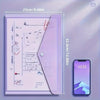 A purple transparent plastic document folder with measurements and a smartphone for scale.