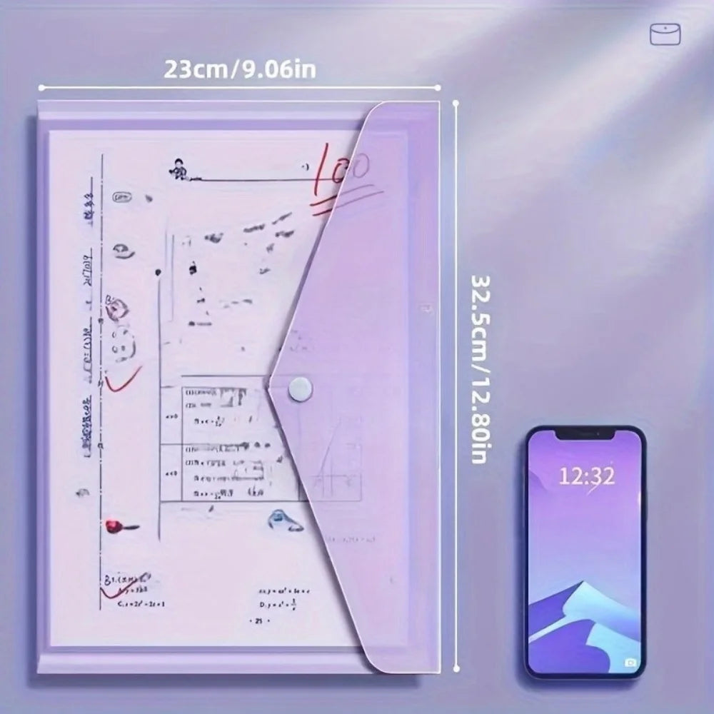 A purple transparent plastic document folder with measurements and a smartphone for scale.