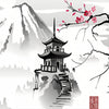 A stylized illustration of a pagoda structure on a mountain landscape with pink blossoms and birds flying.