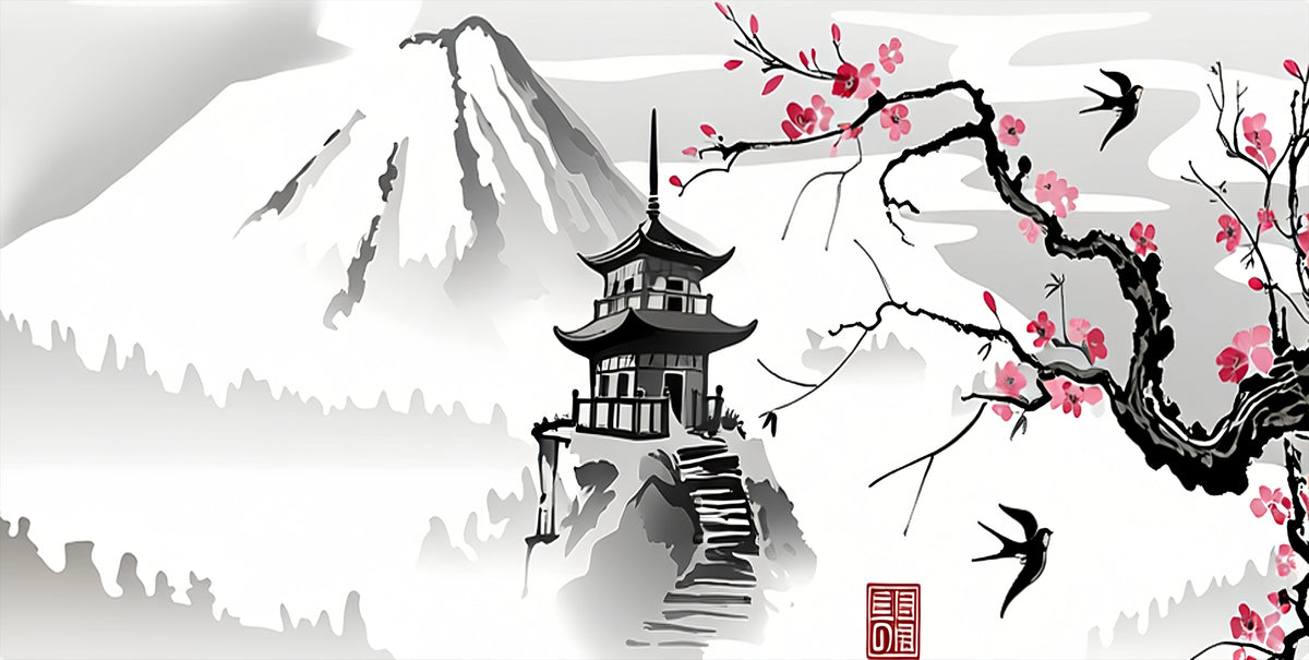 A stylized illustration of a pagoda structure on a mountain landscape with pink blossoms and birds flying.