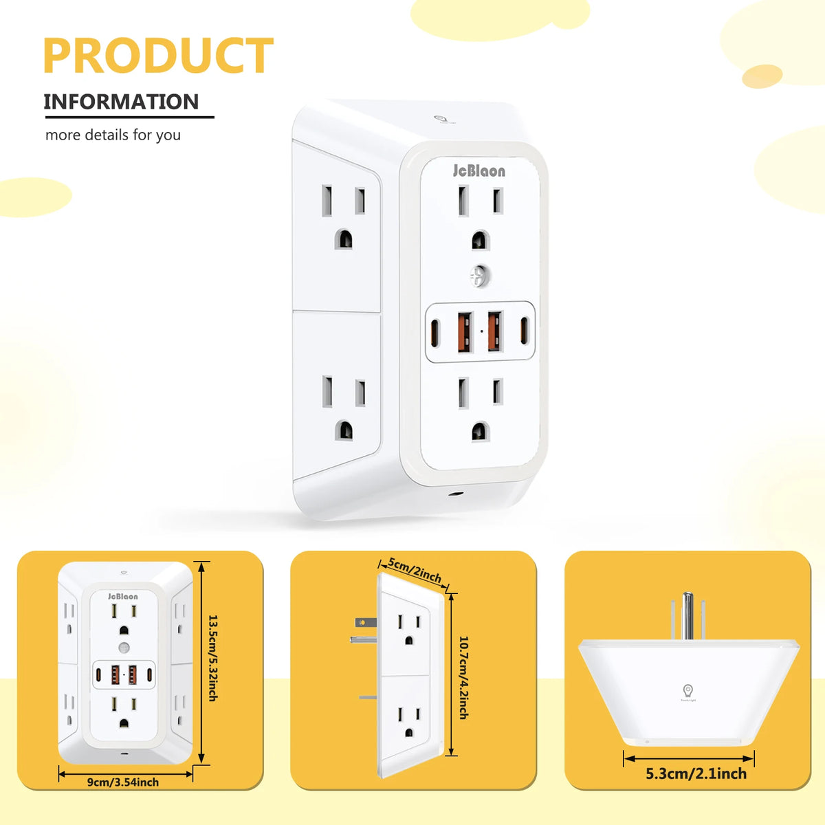 A white wall socket power strip with multiple outlets and USB charging ports shown from the front and side.