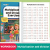 Cuaderno de ejercicios de multiplicación y división para estudiantes de primaria con ilustraciones de niños.
