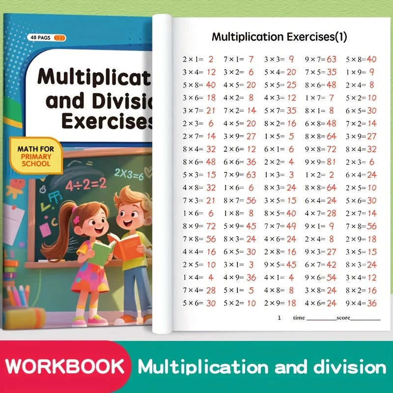 Cuaderno de ejercicios de multiplicación y división para estudiantes de primaria con ilustraciones de niños.