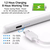 A white capacitive stylus pen is shown next to a charging cable, illustrating its power saving mode and charge levels.