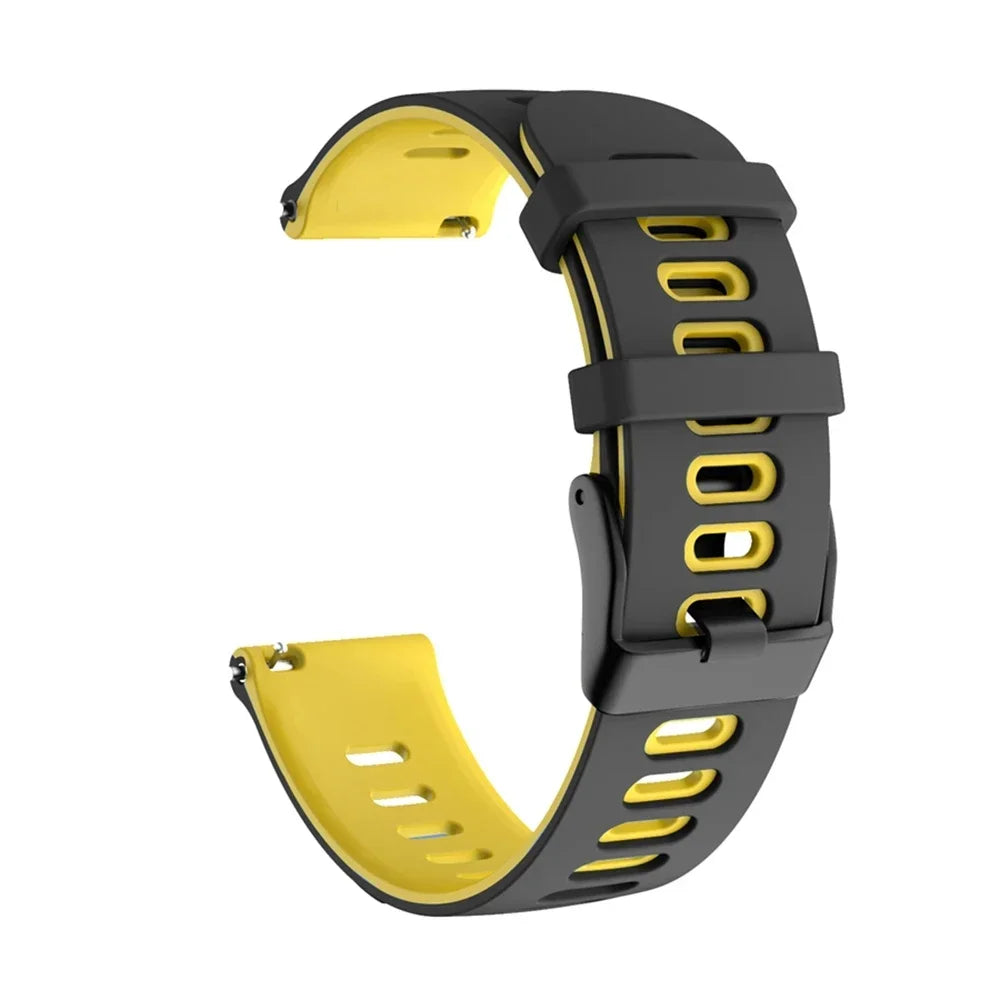 A silicone watch band in black and yellow for Garmin and other smartwatches.