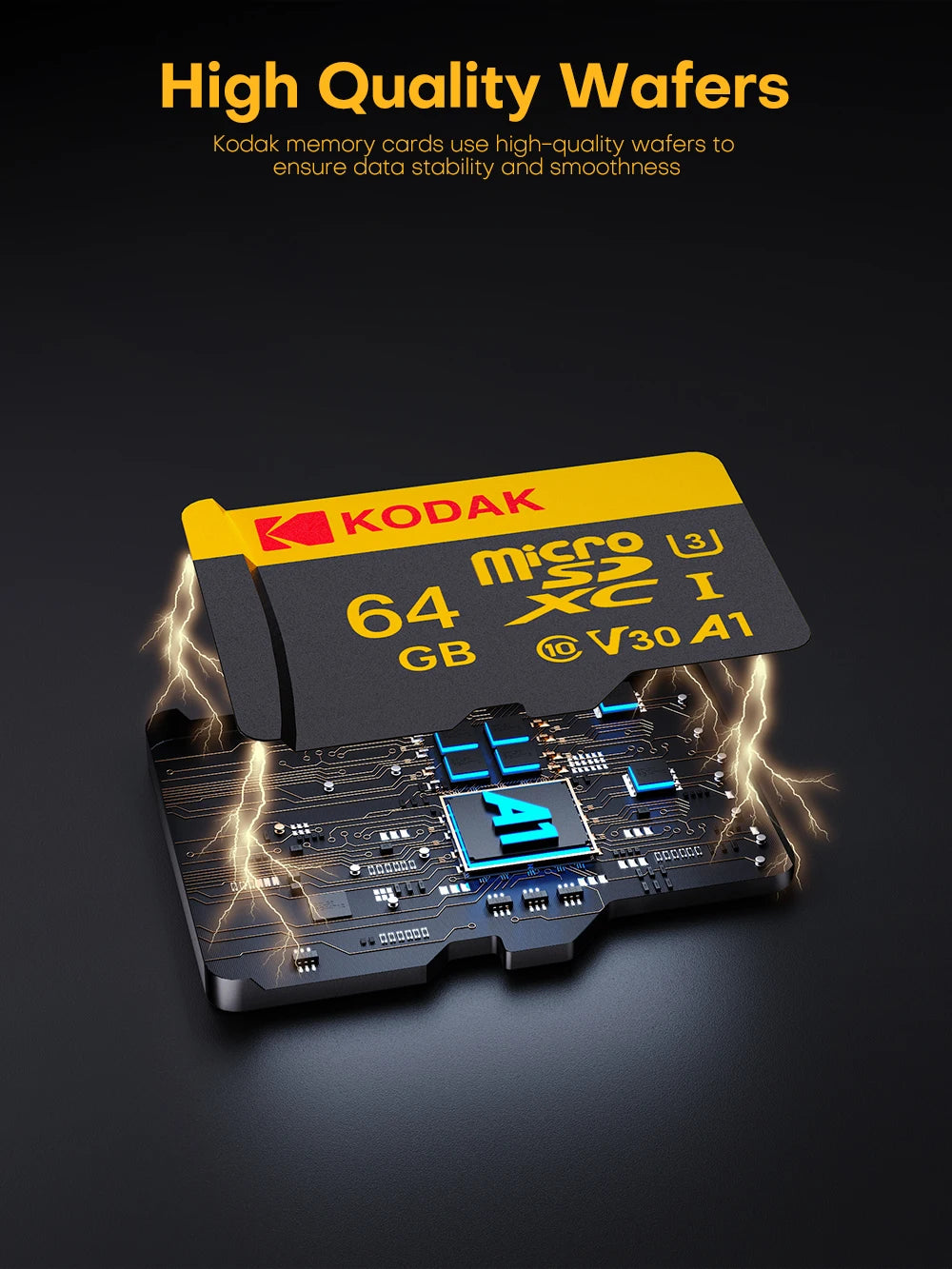 A yellow Kodak memory card is shown with electrical sparks emanating from it, resting on a circuit board.
