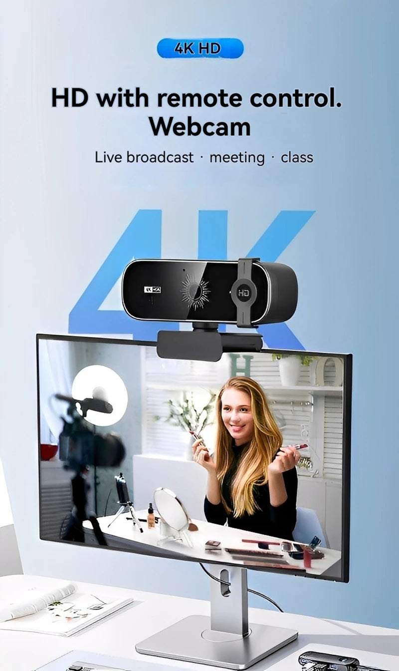 A 4K HD webcam is mounted on a monitor, showing a smiling woman, with text promoting live broadcast and meetings.