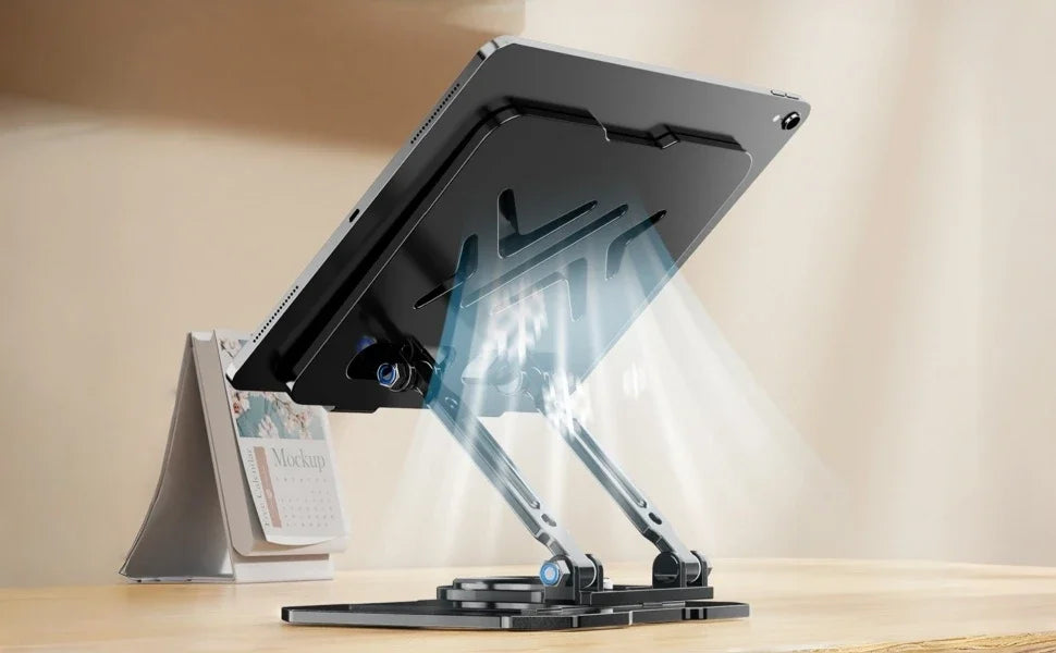 A black adjustable dual rod tablet and phone stand is shown on a wooden surface.