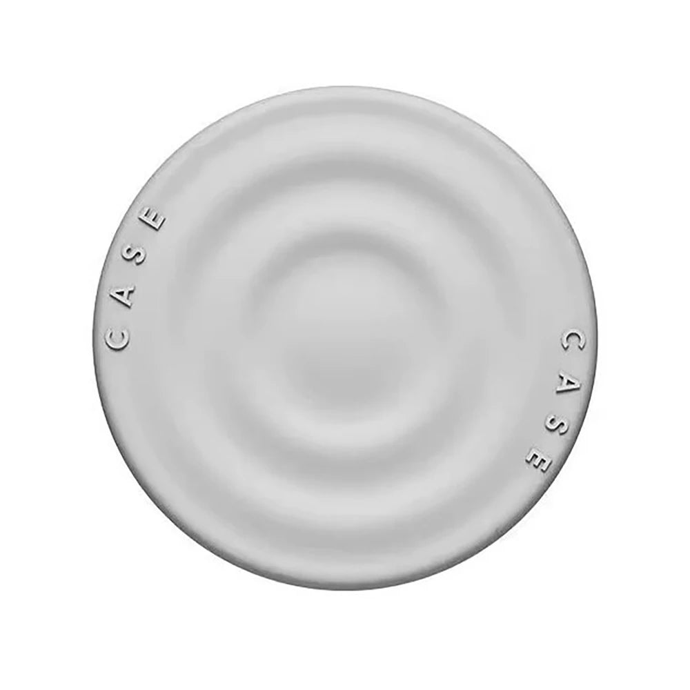 A round, matte gray silicone magnetic phone stand with the word CASE embossed on its surface.