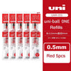Red Uni-Ball ONE refills in a box showing various sizes and quantities