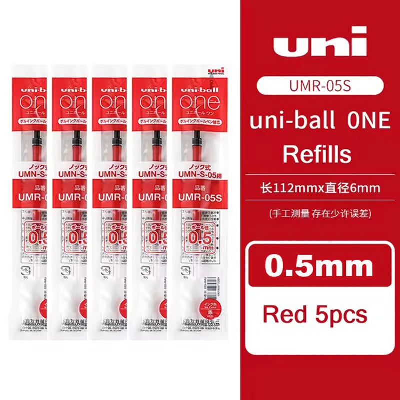 Red Uni-Ball ONE refills in a box showing various sizes and quantities