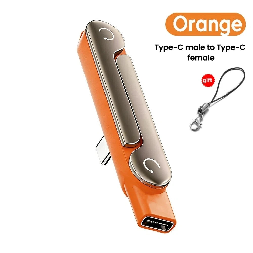 Orange Type-C male to Type-C female adapter with a foldable stand and attached keyring.