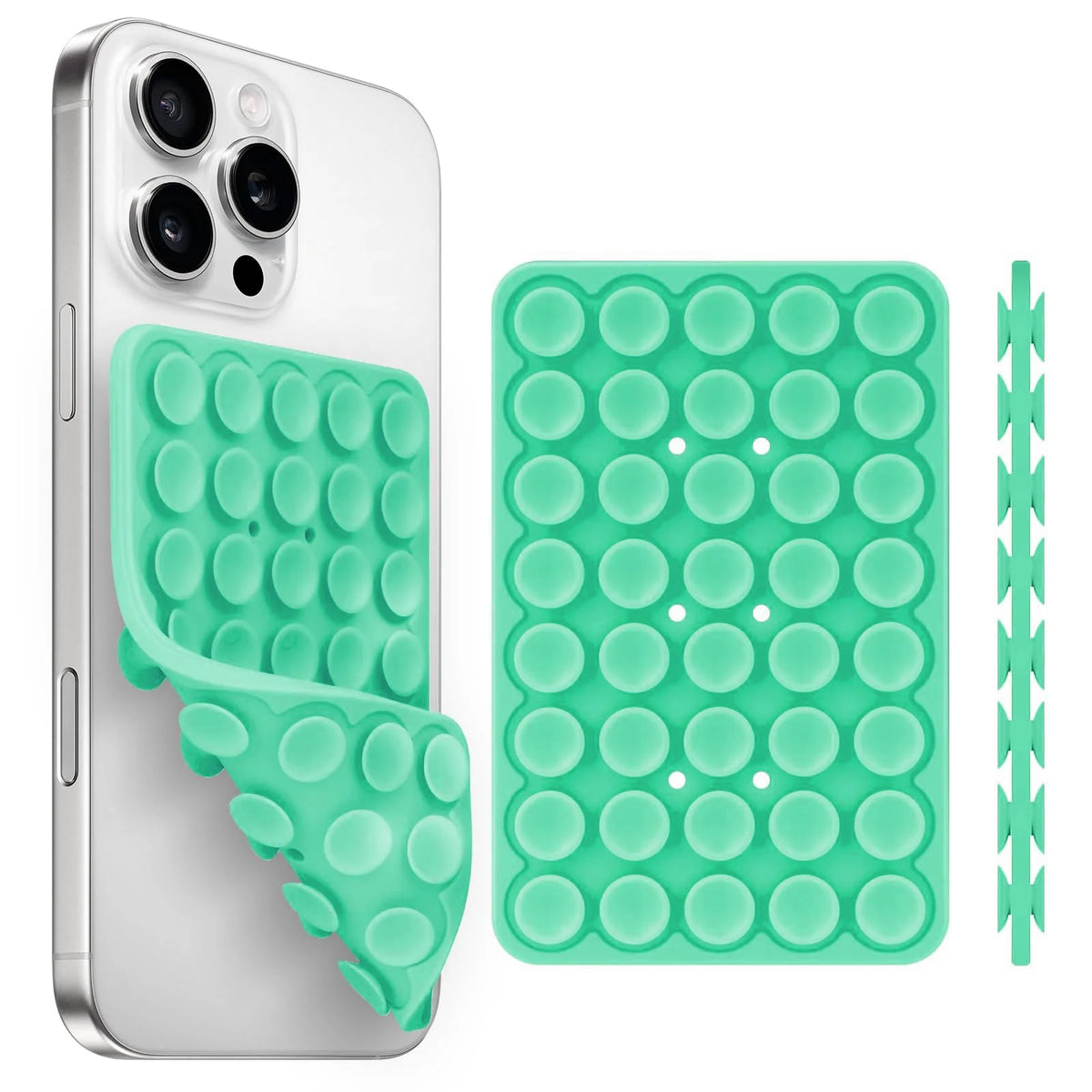 A white smartphone case with a green silicone suction cup holder and an accompanying green silicone phone grip.
