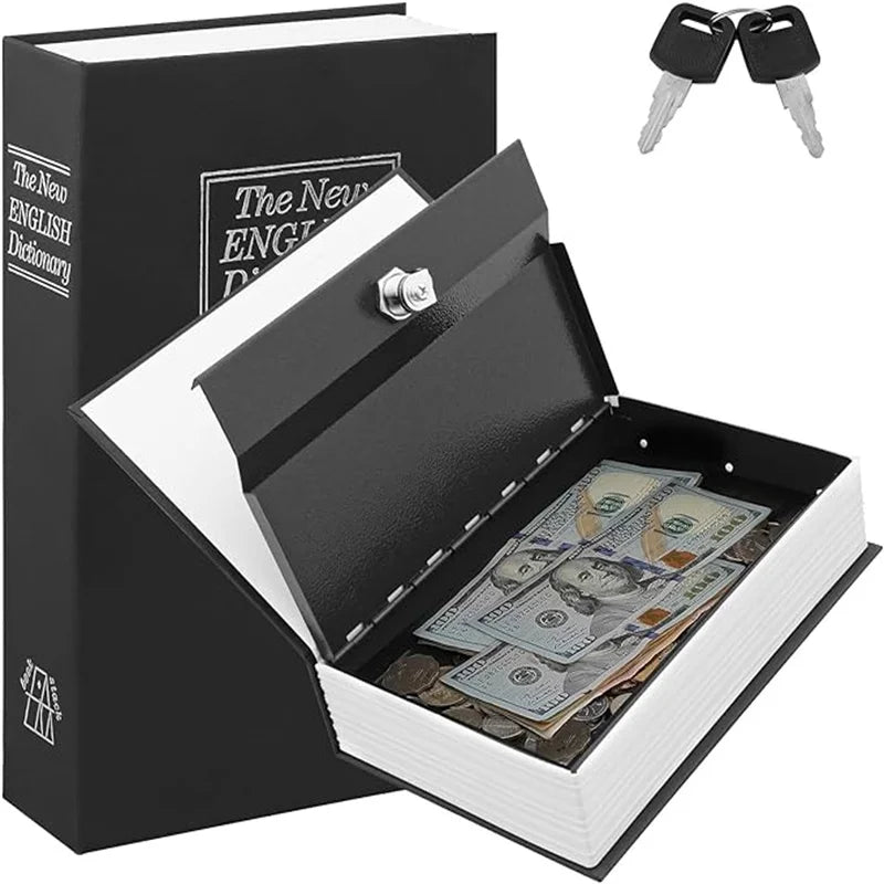 A black book-shaped piggy bank with a lock and key, displaying stacks of US currency inside.