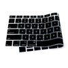 Black silicone keyboard cover for a laptop, showing the full layout of a standard keyboard.