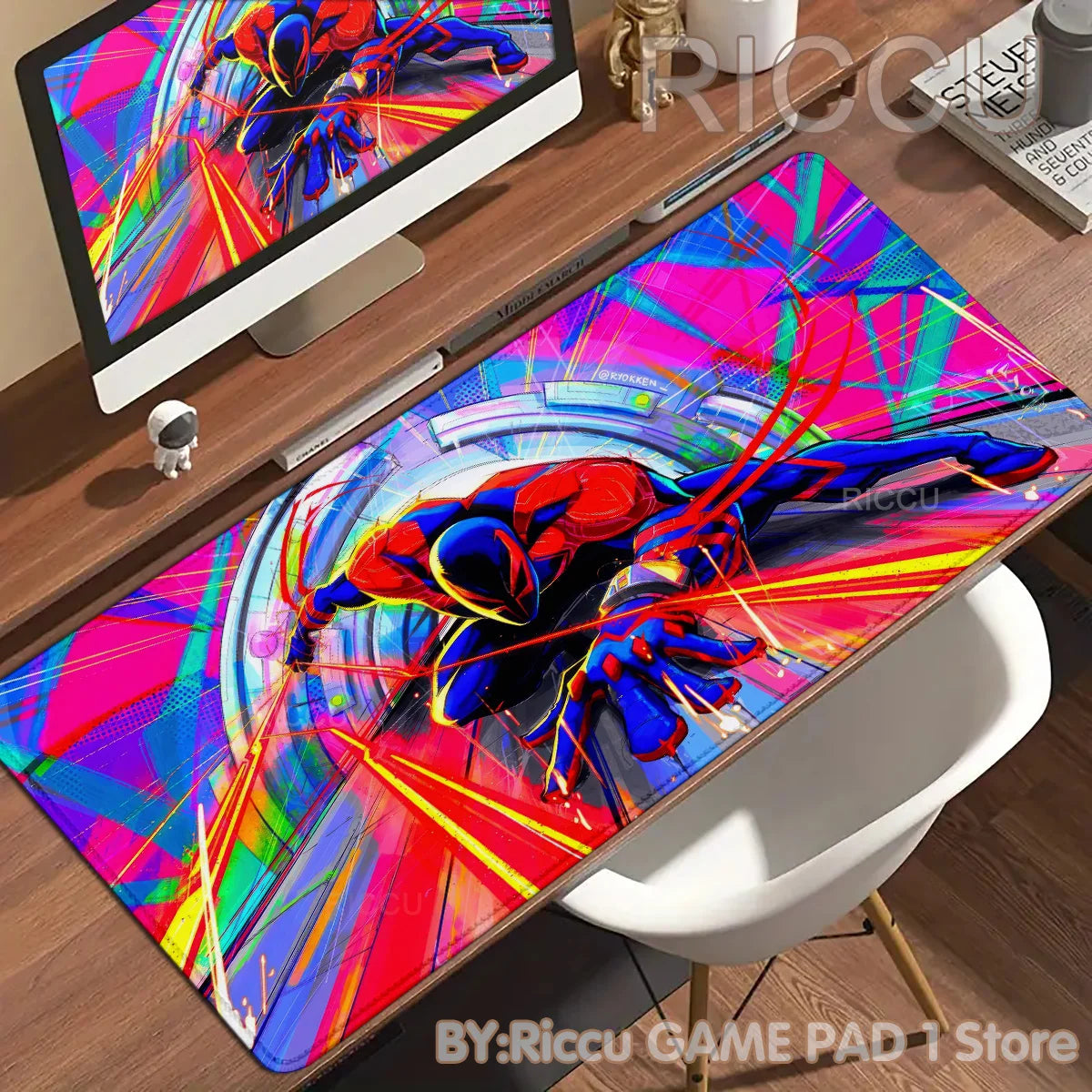 A vibrant Spider-Man anime desk mat featuring a dynamic superhero design on a mouse pad.