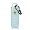 A light blue personal safety alarm device with a black handle and LED light.