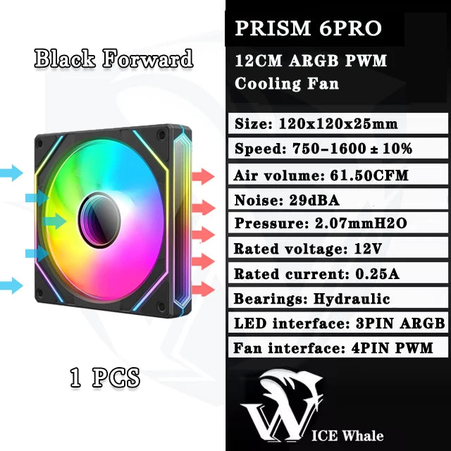 مروحة تبريد ARGB PWM ذات محامل هيدروليكية سوداء للأمام طراز 6pro بقطر 120 مم
