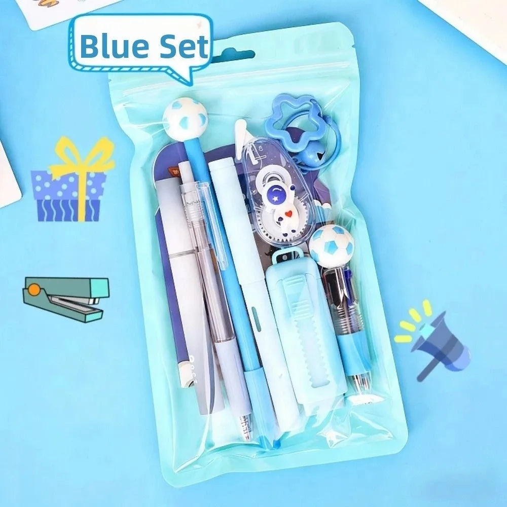 A blue set of 6 cartoon school stationery items including a pencil, scissors, and various tools in a clear plastic pouch.