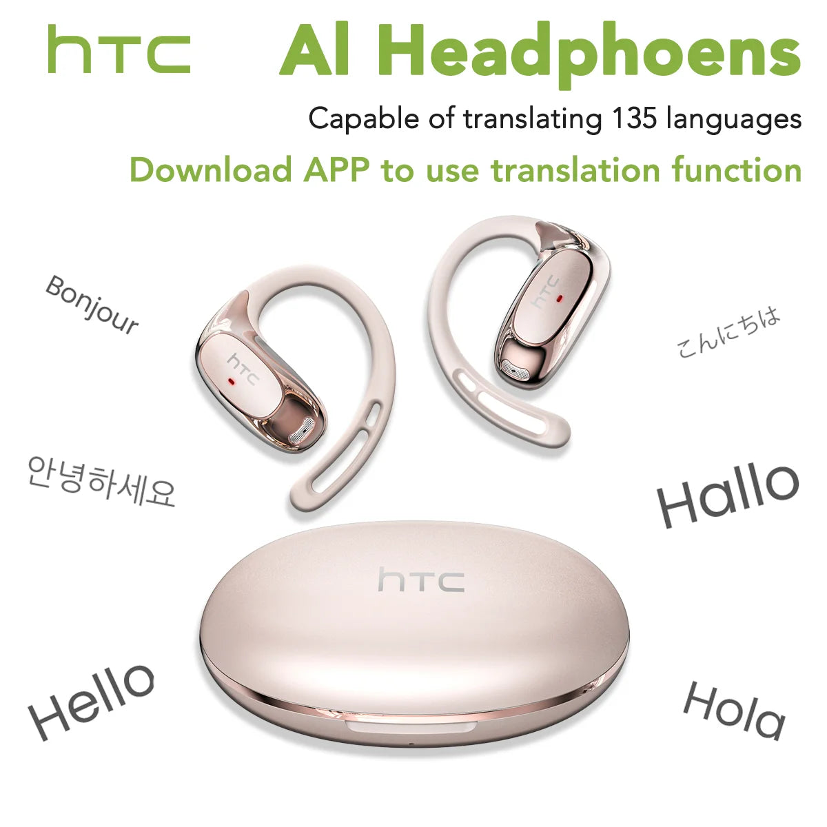 A pair of pink HTC AI Headphones and a standalone device demonstrating language translation features.