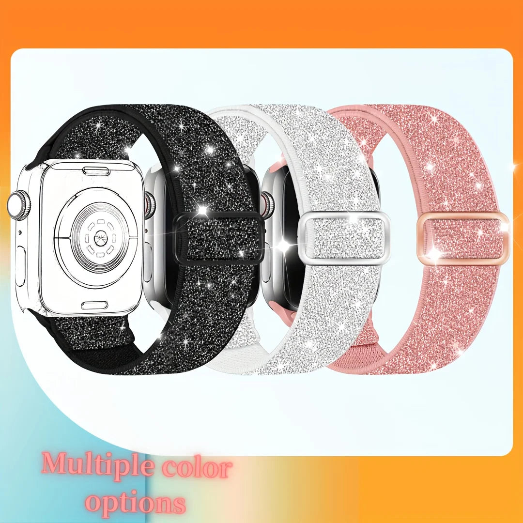Three different colored shimmer glitter nylon straps for an Apple Watch displayed side by side.